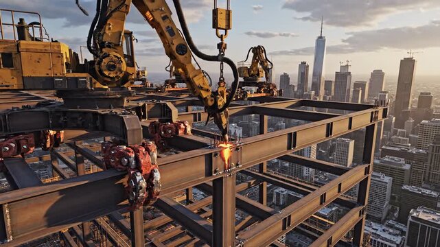 Modern robotic arm welding steel beams on a skyscraper construction site, with a panoramic city view at sunset, symbolizing advanced building technology and urban progress