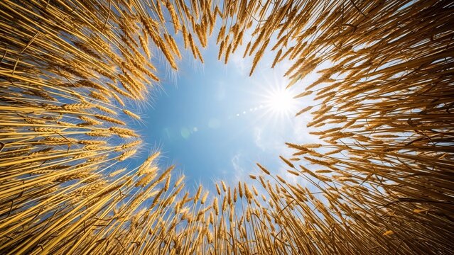 Worm's eye view looking up through golden wheat stalks towards a bright sun in a clear blue sky, forming a natural heart shape