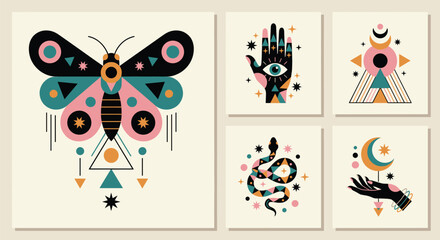 Obraz premium Mystical symbols vector set with butterfly snake and hand