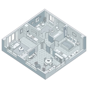 Isometric view of a modern apartment floor plan with furniture and decor.