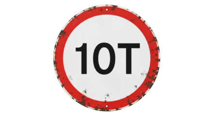 Weight Restriction Road Sign: An eye-level shot captures a weathered, circular road sign displaying a bold 10T symbol, conveying a weight restriction. Its weathered surface tells a story of time.