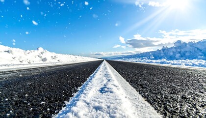 Snowy road stretching into bright sky