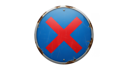 No Entry Sign: A weathered, circular road sign displaying a bold red X against a vibrant blue backdrop, signifying a clear message of prohibition and warning.