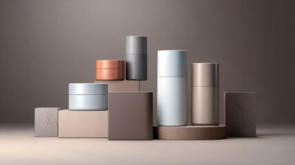Envases cosméticos minimalistas en tonos neutros y metálicos sobre bloques de exhibición en composición moderna