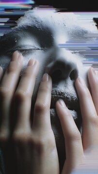 Transcendent moment of serenity, abstractly glitched Asian male face, evokes Obon reflections, digital soul-searching narrative