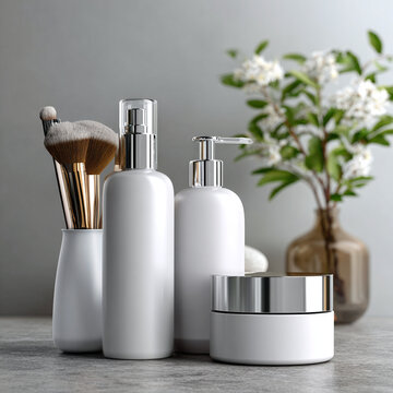 Envases cosm&eacute;ticos blancos con detalles met&aacute;licos junto a brochas de maquillaje y flores en interior luminoso