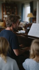 Fototapeta premium Gentle whisper of piano keys guides Nordic man amid cozy family symphony, evoking Yule hygge hush