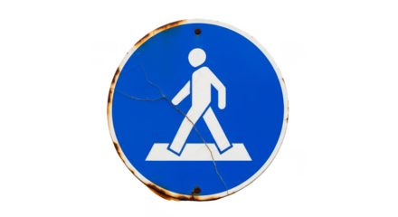 Pedestrian Crossing Sign: A close-up view of a weathered pedestrian crossing sign. Featuring the iconic symbol of a person walking across a crosswalk.