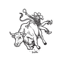 Cowgirl riding a bucking bull at a rodeo event graphic vector