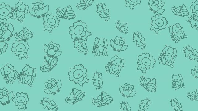 Seamless looping cute animal doodle pattern animation with simple line icons on pastel mint background. Perfect for kids motion graphics, playful video backgrounds and overlays.