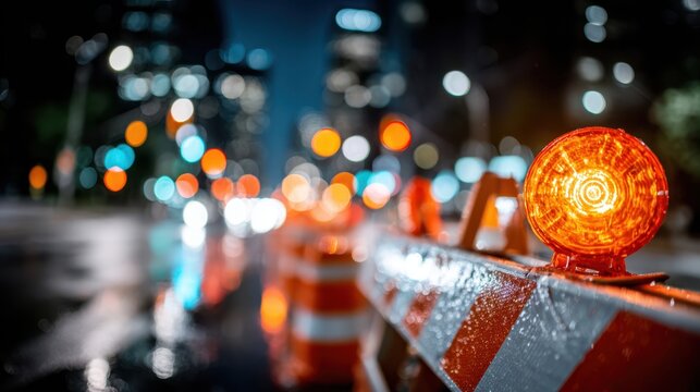 Nighttime roadwork safety with illuminated led sign at urban intersection