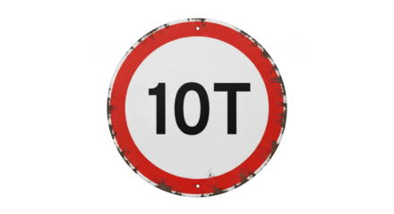 10T Weight Limit Sign: A weathered, circular road sign displaying a 10-ton weight limit, crucial for traffic safety and infrastructure protection.