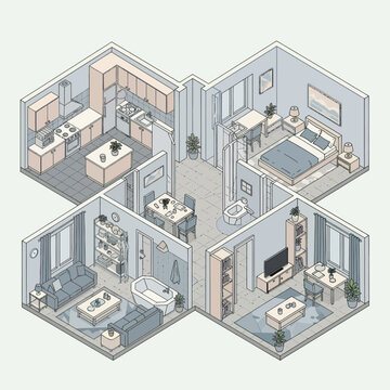 Isometric View of a Modern Apartment Floor Plan with Furniture.