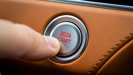 A finger presses a car's start button, which displays '2026 START' in red, against a luxurious brown leather interior, symbolizing a new beginning or future date