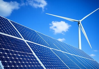 Solar panels and a wind turbine harnessing the power of nature under a blue sky