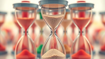 adhd. Colorful overlapping hourglasses with upward-flowing sand, depicting the unique perception of time in ADHD. wellbeing guides.