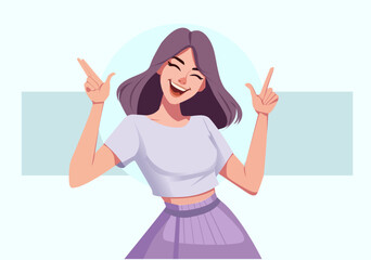 Illustration Very Happy Woman Celebrating and Pointing Up