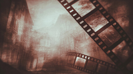 Obraz premium Classic film negative strips on a distressed, sepiatoned background, representing old movies