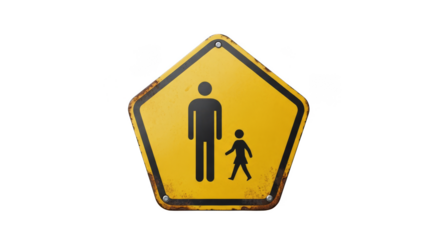 Road Sign and Warning: A weathered yellow road sign featuring black silhouettes of an adult and child, warning of potential pedestrian presence and caution.