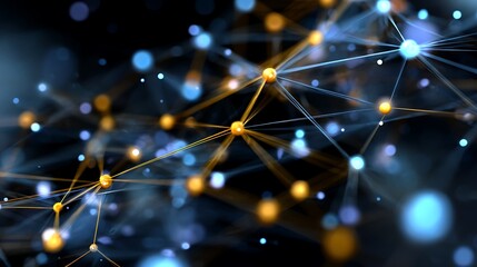 Abstract network connection structure with connecting dot and lines. The design features blurred lights for bokeh effects and blue and golden dot colors. 