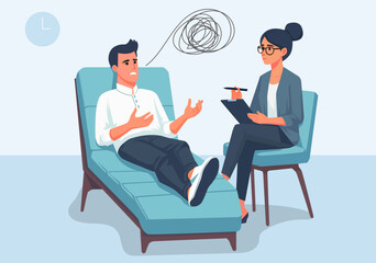 Illustration Man Lying on Couch During Psychotherapy Session