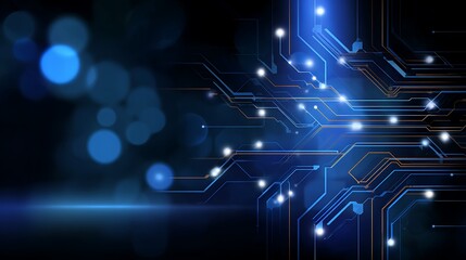 Abstract blue circuit board technology background with bokeh effects