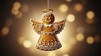 Homemade Gingerbread Angel Cookie Ornament Hanging with Warm Bokeh Background