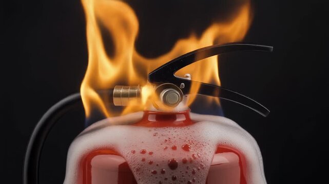 A red fire extinguisher is engulfed in bright orange flames against a dark background, showing a paradox of fire safety equipment on fire.