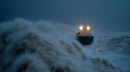 Stormy seas engulf solitary cargo ship under ghostly blue twilight, evoking Seafarers Day and maritime mystery folklore