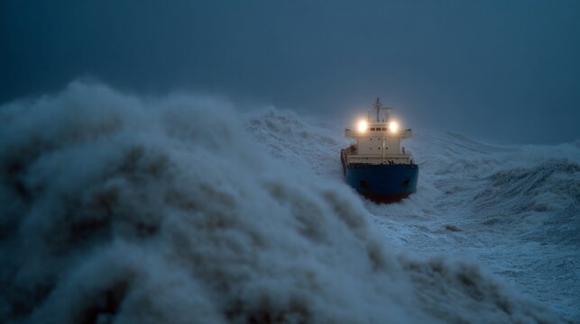 Fototapeta Stormy seas engulf solitary cargo ship under ghostly blue twilight, evoking Seafarers Day and maritime mystery folklore