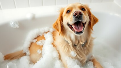 goldenretriever. A playful golden retriever enjoying soap bubbles in a bright, cozy bathtub. wildlife magazines, conservation campaigns, designed for eco-tourism storytelling, used by ui designers.