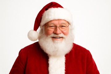 Santa Claus with a white beard and glasses smiles warmly. He is wearing a classic red suit and hat, bringing festive cheer