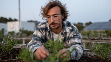 A thoughtful Caucasian male gardener meticulously tends to sprouting herbs, celebrating Imbolc and the spirits of urban permaculture