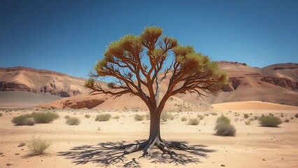 boswellia. Lone Boswellia tree in an arid desert landscape with resin droplets on bark. gardening catalogs, home-decor guides, designed for gardening and botanical catalogs.