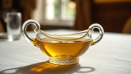 cruet. Glass cruet with olive oil and vinegar on a dining table. menu design, packaging mockups, recipe cards, designed for food delivery and cloud-kitchen brand materials, used by PR specialists.