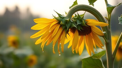laurate. Sunflower drooping after a storm with rain droplets on its petals. gardening catalogs, home-decor guides, designed for home decor and floral branding, celebrates nature.