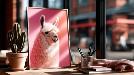 Fototapeta premium Colorful llama artwork framed on studio wall in vibrant setting for creative spaces