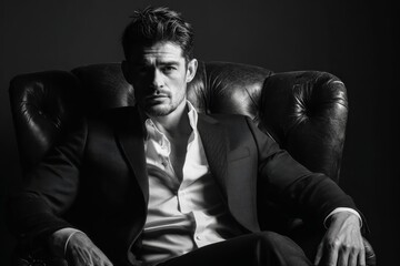 Confident man in a tailored black suit sits in a vintage leather armchair, exuding charisma and sophistication in a dramatic black and white portrait showcasing elegance