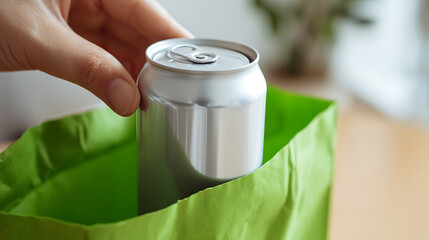 Silver can placed into vibrant green bag, hand visible. Suggests recycling or environmentally conscious actions, focusing on sustainable practices. Modern shot.