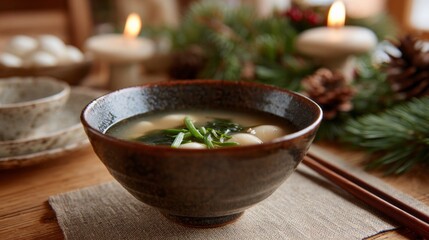 Serene holiday table with steaming miso soup, celebrating Oshogatsu and winter solstice with aromatic tranquility and cultural warmth