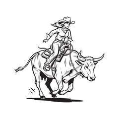 Fototapeta premium Cowgirl riding a bull with a lasso in black and white drawing style