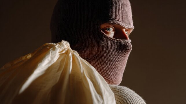 Masked figure clutching burlap sack, mysterious heist theme, celebrating Mischief Night and Guy Fawkes Day, hidden narrative