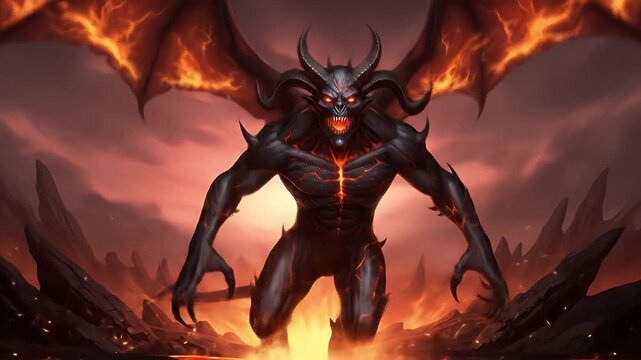 Fiery demon with horns and wings erupts from landscape