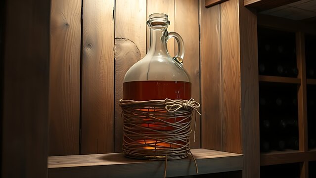 carboy. Large glass carboy with wicker wrapping on a wooden shelf, amber liquid inside in a rustic cellar. bar promotions, beverage menus, designed for food & beverage menus and cafe branding.