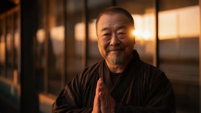 An elderly Asian man in dark robes smiles on a train platform, hands pressed together in a greeting.