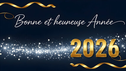 Elegant new year greeting with gold glitter and calligraphy on a dark background