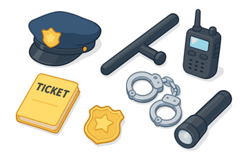 Police equipment collection with hat, baton, radio, handcuffs, flashlight, badge, and ticket