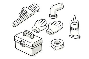 Handyman tools illustration with toolbox, pipe wrench, sealant, tape, gloves, and pipe
