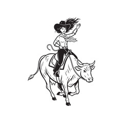 Cowgirl riding a bull with a lasso and hat, dynamic movement illustration