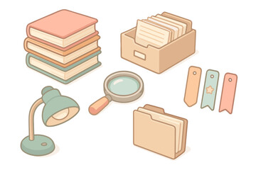 Office supplies collection: books, file holder, magnifying glass, lamp, bookmarks